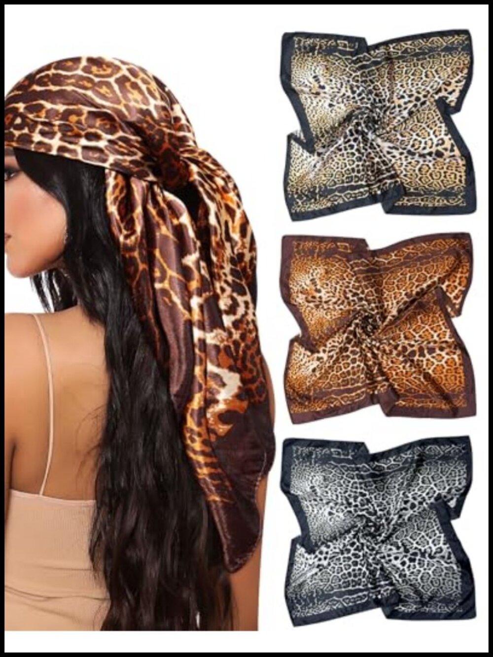 35" Square Head Scarf for Women 3 Pack Satin Bandana Hair Wrap